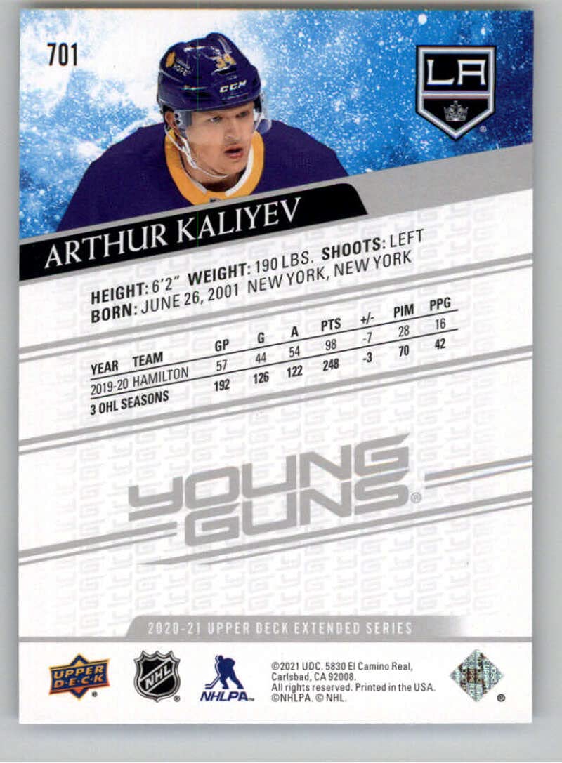 2020-21 Upper Deck Extended Series #701 Arthur Kaliyev Young Guns RC Rookie Los Angeles Kings NHL Hockey Trading Card