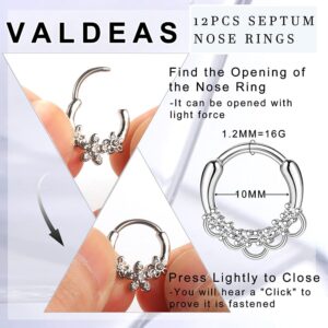 12PCS 16G Septum Clicker Ring 316L Stainless Steel Septum Ring CZ Opal Cartilage Helix Tragus Hoop Daith Earrings Hinged Segment Clicker Ring Zirconia Nose Rings Hoop 10MM Nose Piercing Jewelry Silver