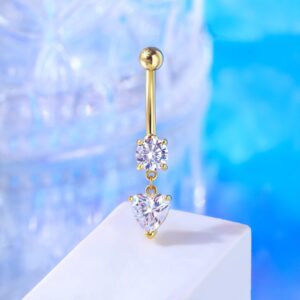 CM Crareesi Mania 14K Gold Belly Rings for Women Dangle CZ Belly Button Rings 14K Solid Yellow Gold Belly Button Piercing Jewelry 14G Heart Navel Piercing Jewelry