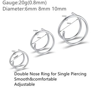 outerunner Double Nose Ring for Single Piercing 20g Nose Rings Hoops 6mm 8mm 10mm Surgical Steel Nose Hoop Silver/Gold/Rose Gold/Black/Rainbow