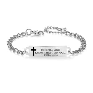 AOAMID Bible Verse Bracelet-Stainless Steel Faith Christian Bracelet for Women, Mantra Quotes Christian Gifts for Her (Silver,Be still and know that I am God. Psalm 46:10)