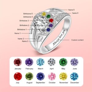 MissNaNa Birthstones Rings Gifts for Mom Custom 5 Simulated Birthstones Rings for Women 925 Silver Engraved Rings Promise Rings for Her Women Mom Mothers Grandma