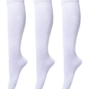 3 Pairs Womens Cotton Knee High Socks, Causal Soild Stripe Tube Knee Socks, White