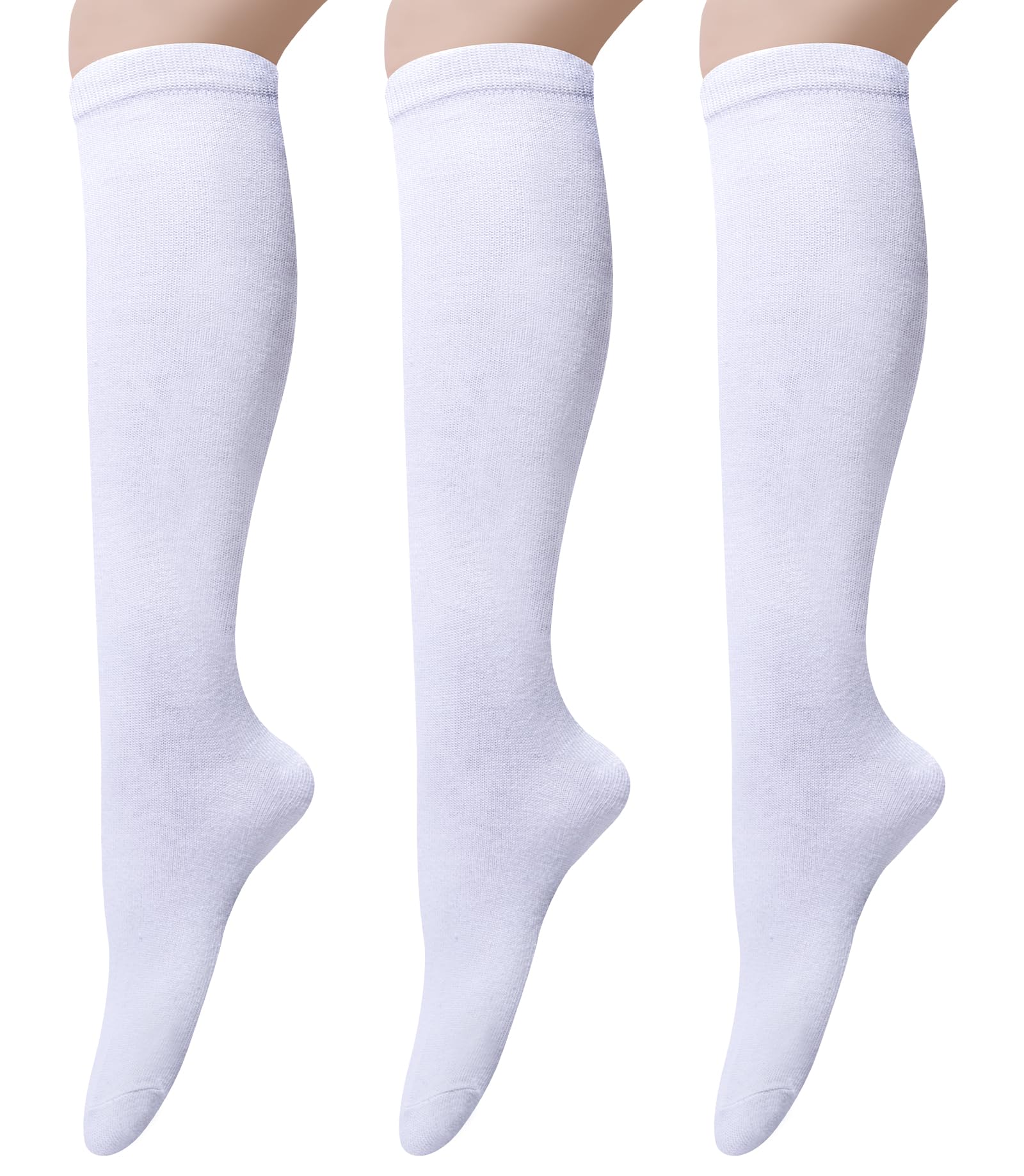 3 Pairs Womens Cotton Knee High Socks, Causal Soild Stripe Tube Knee Socks, White