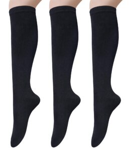 3 pairs womens cotton knee high socks, causal soild stripe tube knee socks, black