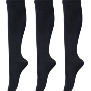 3 Pairs Womens Cotton Knee High Socks, Causal Soild Stripe Tube Knee Socks, Black