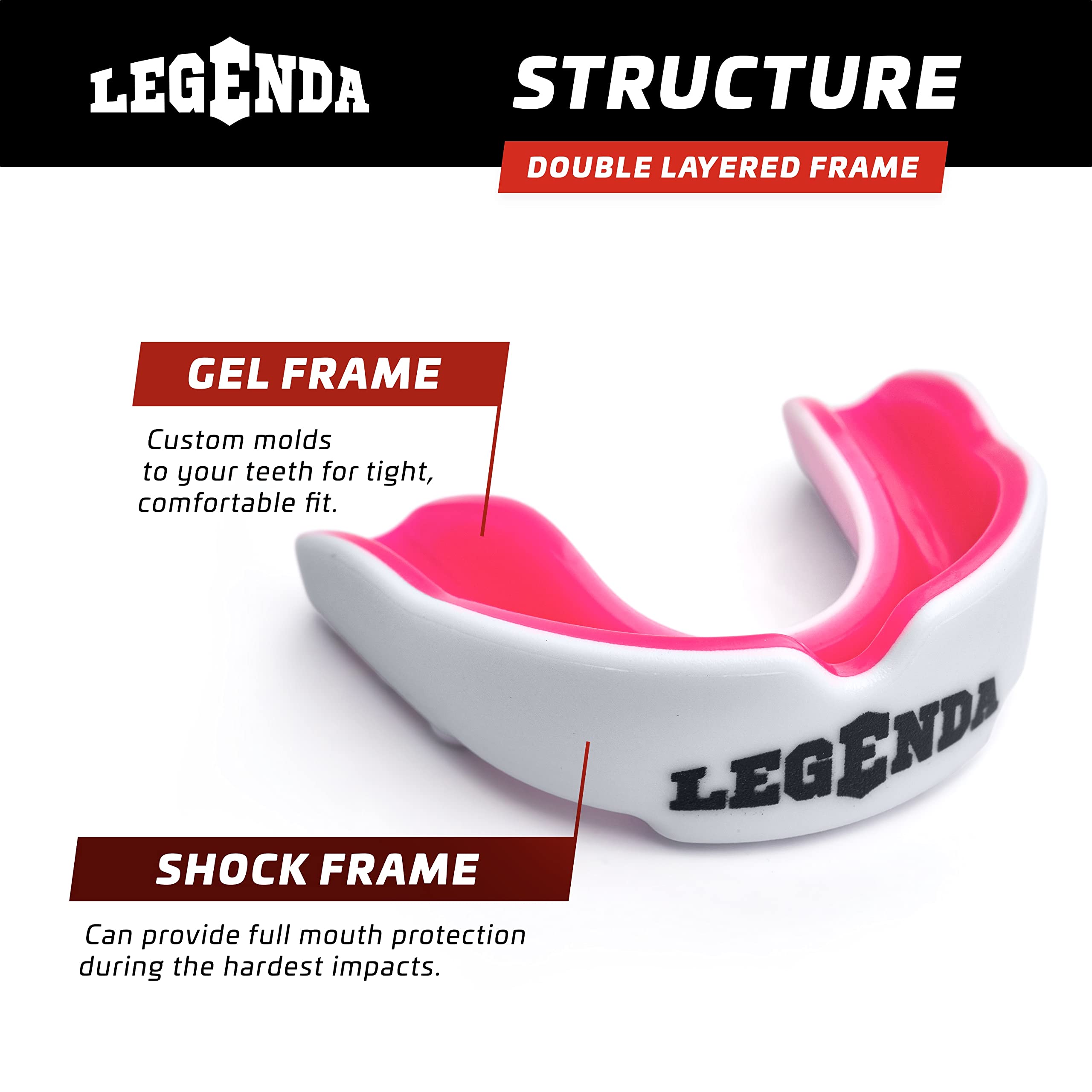 Legenda Sports Mouthguard for Kids (w/Case), Professional Mouthguard for Boxing, MMA, Karate, Football, BJJ, Martial Arts, Rugby, Lacrosse, Hockey (White/Pink)