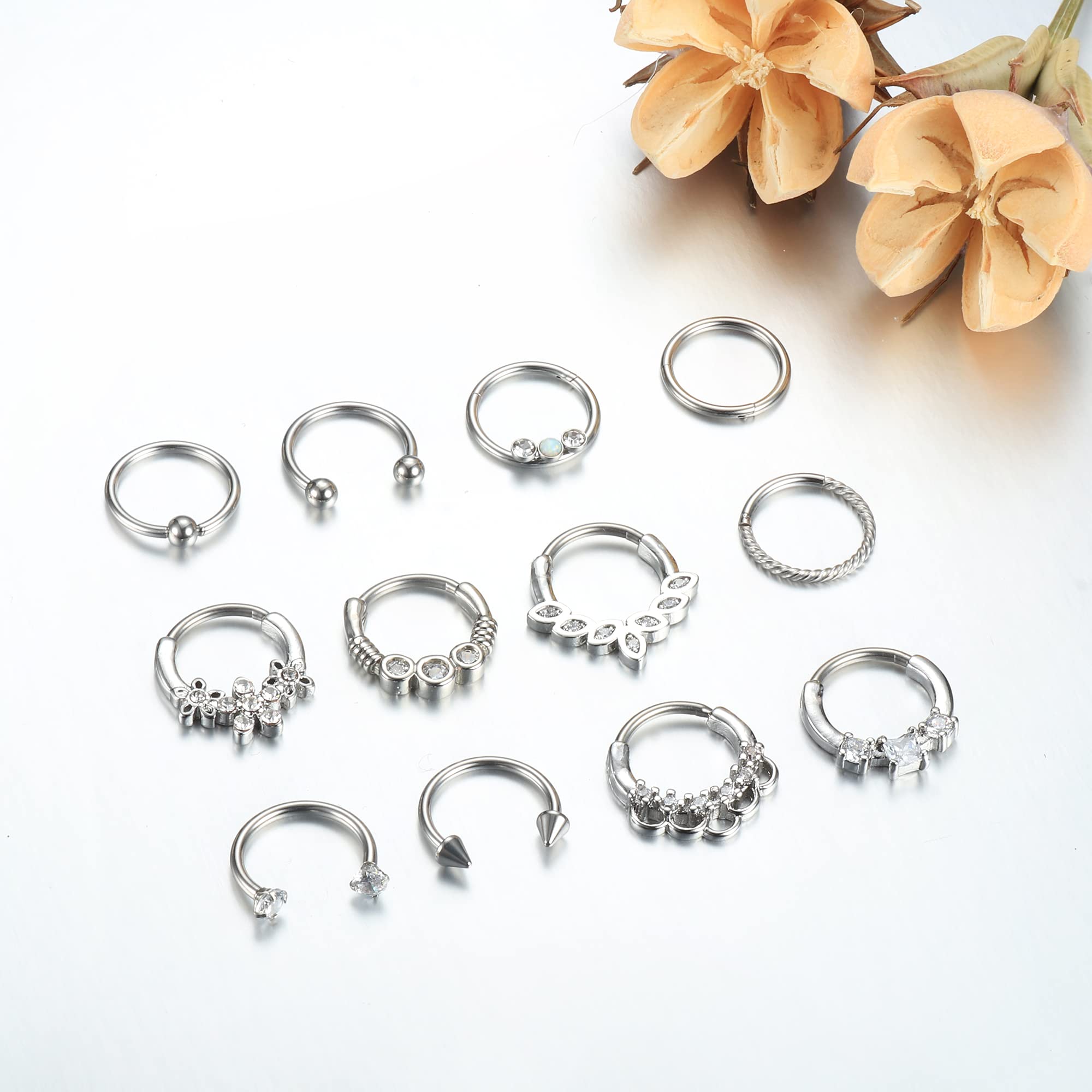 12PCS 16G Septum Clicker Ring 316L Stainless Steel Septum Ring CZ Opal Cartilage Helix Tragus Hoop Daith Earrings Hinged Segment Clicker Ring Zirconia Nose Rings Hoop 10MM Nose Piercing Jewelry Silver