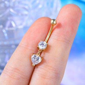 CM Crareesi Mania 14K Gold Belly Rings for Women Dangle CZ Belly Button Rings 14K Solid Yellow Gold Belly Button Piercing Jewelry 14G Heart Navel Piercing Jewelry