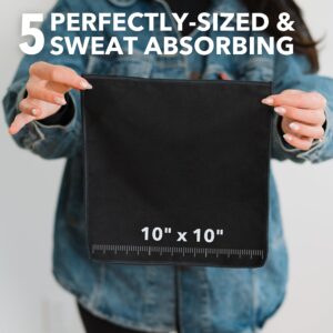 SweatBlock Microfiber Sweat Absorbing Handkerchief - Sport, Gym, Daily Use - for Hands, Face, Body - Machine Washable, Reusable - Men & Women - 10x10 (5 Pack, Black)