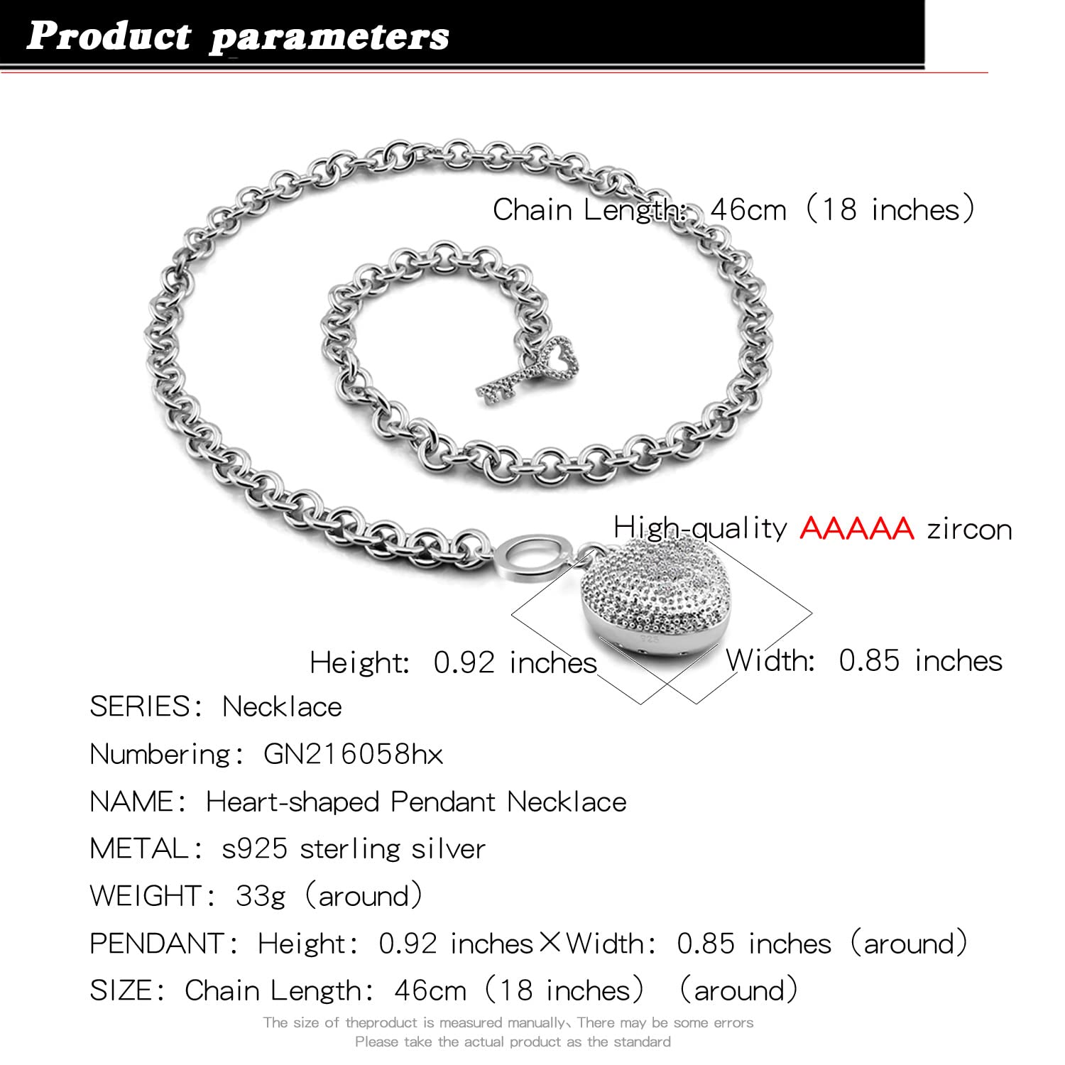 H&Beautimer Handmade in Italy - 925 Sterling Silver Necklace -Women's AAAAA CZ Zircon Heart/Lock Pendant Necklace Rolo Chain 18,20 Inch - Charm Jewelry - Birthday Gift (20 inches, Heart Pendant)