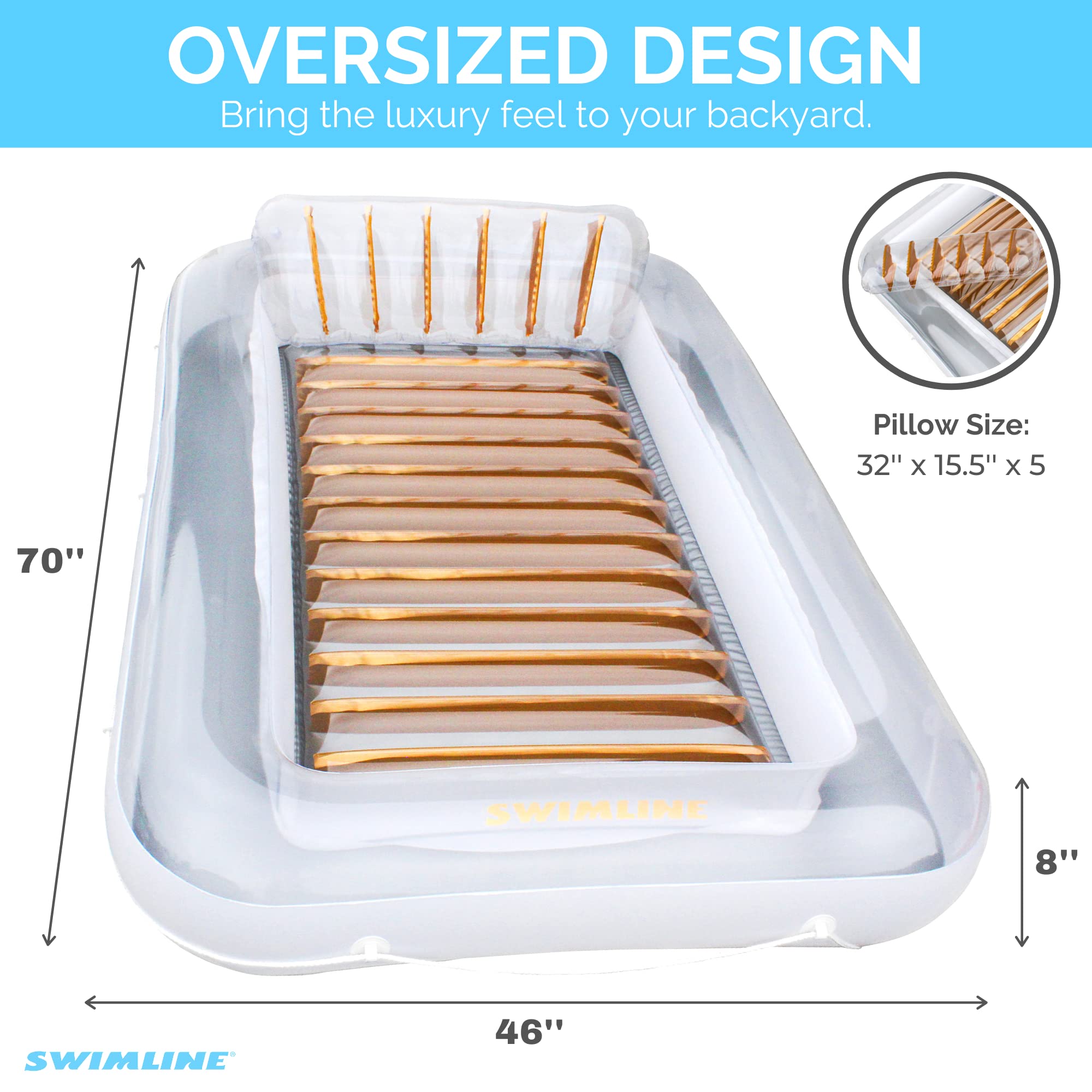 SWIMLINE ORIGINAL Suntan Tub 1-PACK Classic Inflatable Tanning Float Floating Lounge | Gold Personal Tan Pool Hybrid Lounger | Adjustable Pillow | Fill With Water | Reflective Tanning Design