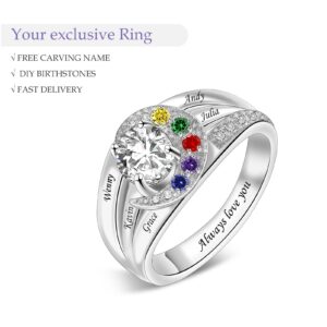 BAUMA AUTO Sterling Silver Personalized Mothers Ring with 1-8 Simulated Birthstones Engraving Family Name Ring for Mother Grandma