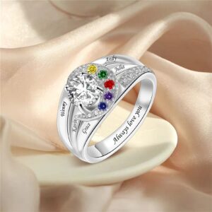 MissNaNa Birthstones Rings Gifts for Mom Custom 5 Simulated Birthstones Rings for Women 925 Silver Engraved Rings Promise Rings for Her Women Mom Mothers Grandma