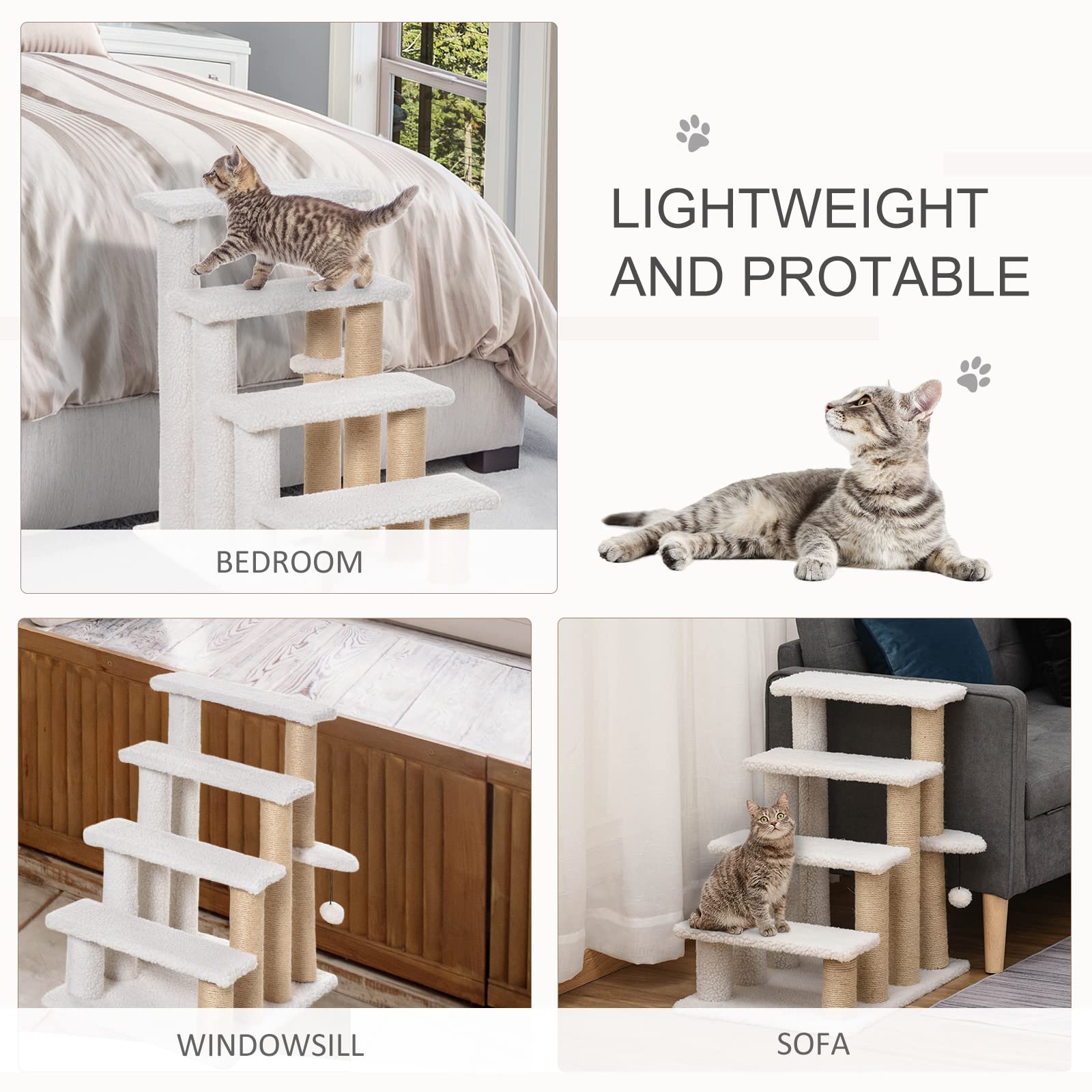 PawHut 4 Levels Cat Steps, Pet Stairs Carpeted Ladder, Kitten Tree Climber with Scratching Posts, Hanging Play Ball, Side Step, for High Bed, Sofa, White