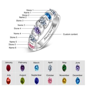 BAUMA AUTO Personalized 1-6 Birthstone Rings Family Mothers Ring Custom Engraved Name Rings for Women Grandma Mom Daughter (6 Stones)