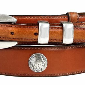 Antique Silver Buffalo& Indian Head Reproduction Coin Conchos Belt Oil Tanned Genuine Leather Western Ranger Belt (Tan, 34)