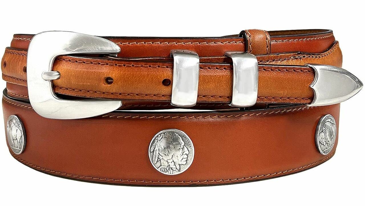 Antique Silver Buffalo& Indian Head Reproduction Coin Conchos Belt Oil Tanned Genuine Leather Western Ranger Belt (Tan, 34)