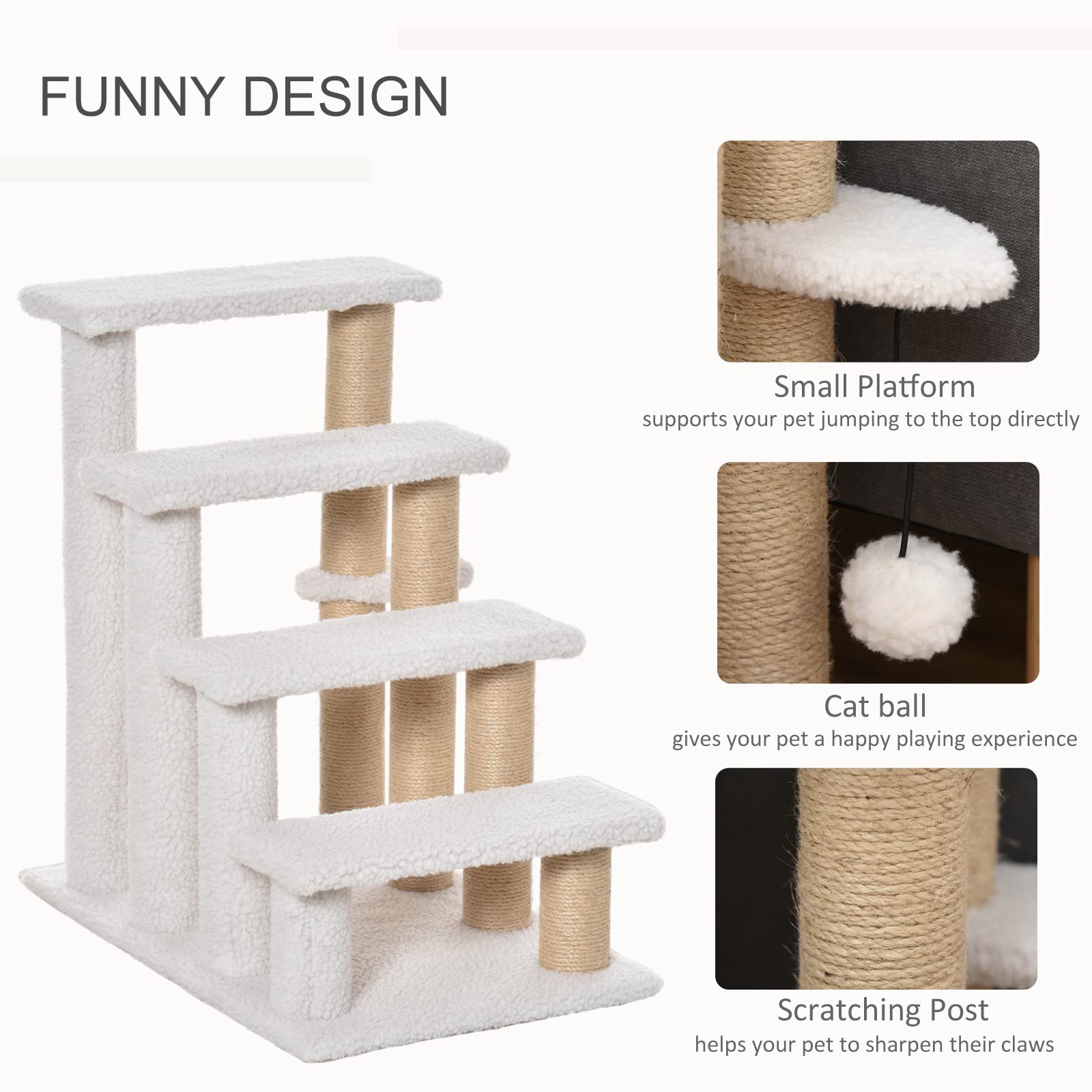 PawHut 4 Levels Cat Steps, Pet Stairs Carpeted Ladder, Kitten Tree Climber with Scratching Posts, Hanging Play Ball, Side Step, for High Bed, Sofa, White