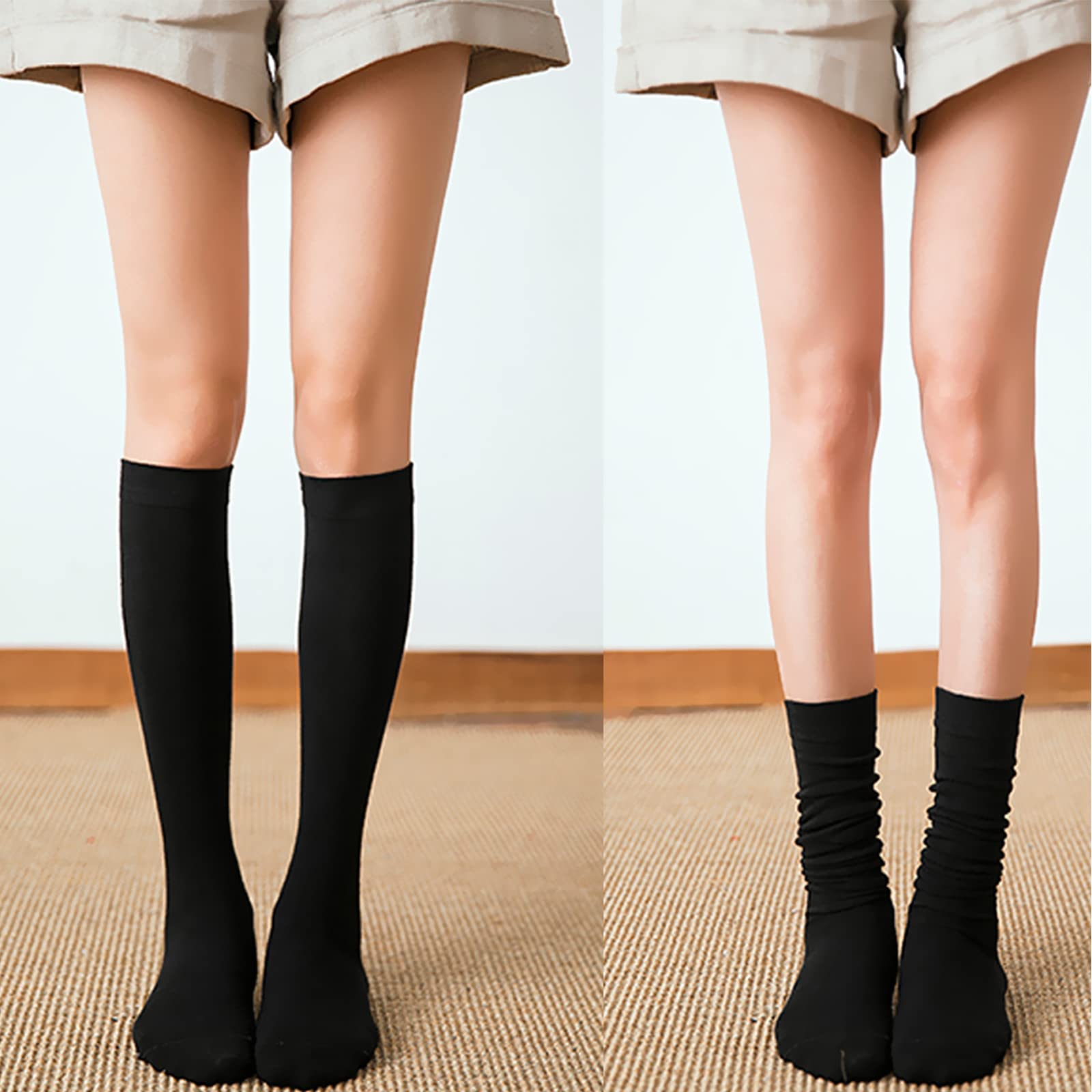 3 Pairs Womens Cotton Knee High Socks, Causal Soild Stripe Tube Knee Socks, Black