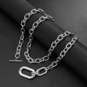 Rumtock 2pcs Silver Layered Chunky Chain Choker Necklace with Toggle Clasp Rectangle Oval Pendant Punk Jewelry for Women