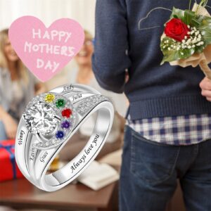 BAUMA AUTO Sterling Silver Personalized Mothers Ring with 1-8 Simulated Birthstones Engraving Family Name Ring for Mother Grandma