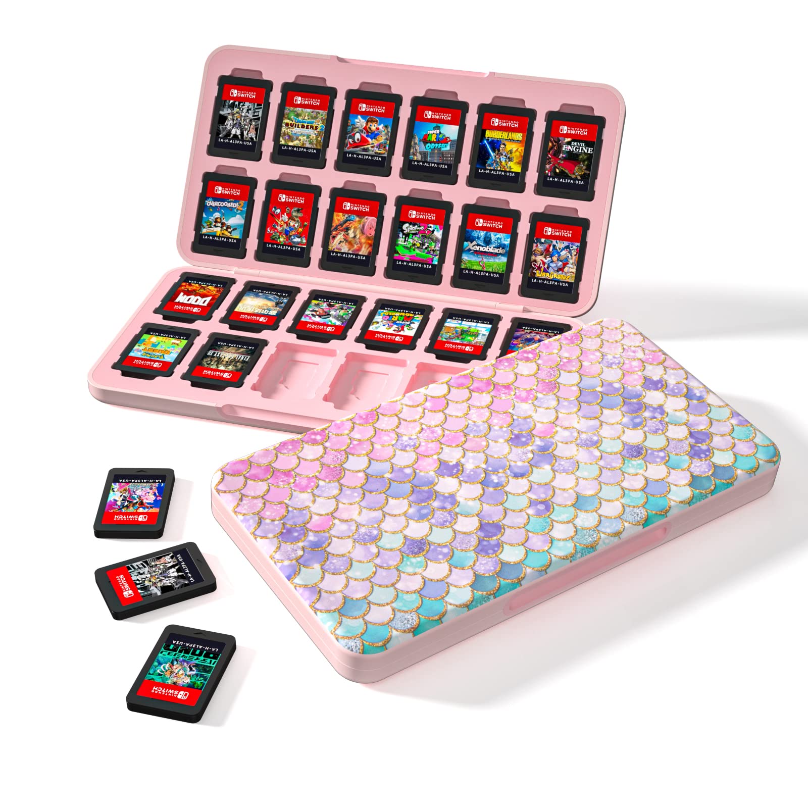 Switch Game Case 24, Switch Game Card Box Holder, Switch OLED Game Case Storage,Soft Lining Rubber and Portable Switch Game Holder - Fish Scales