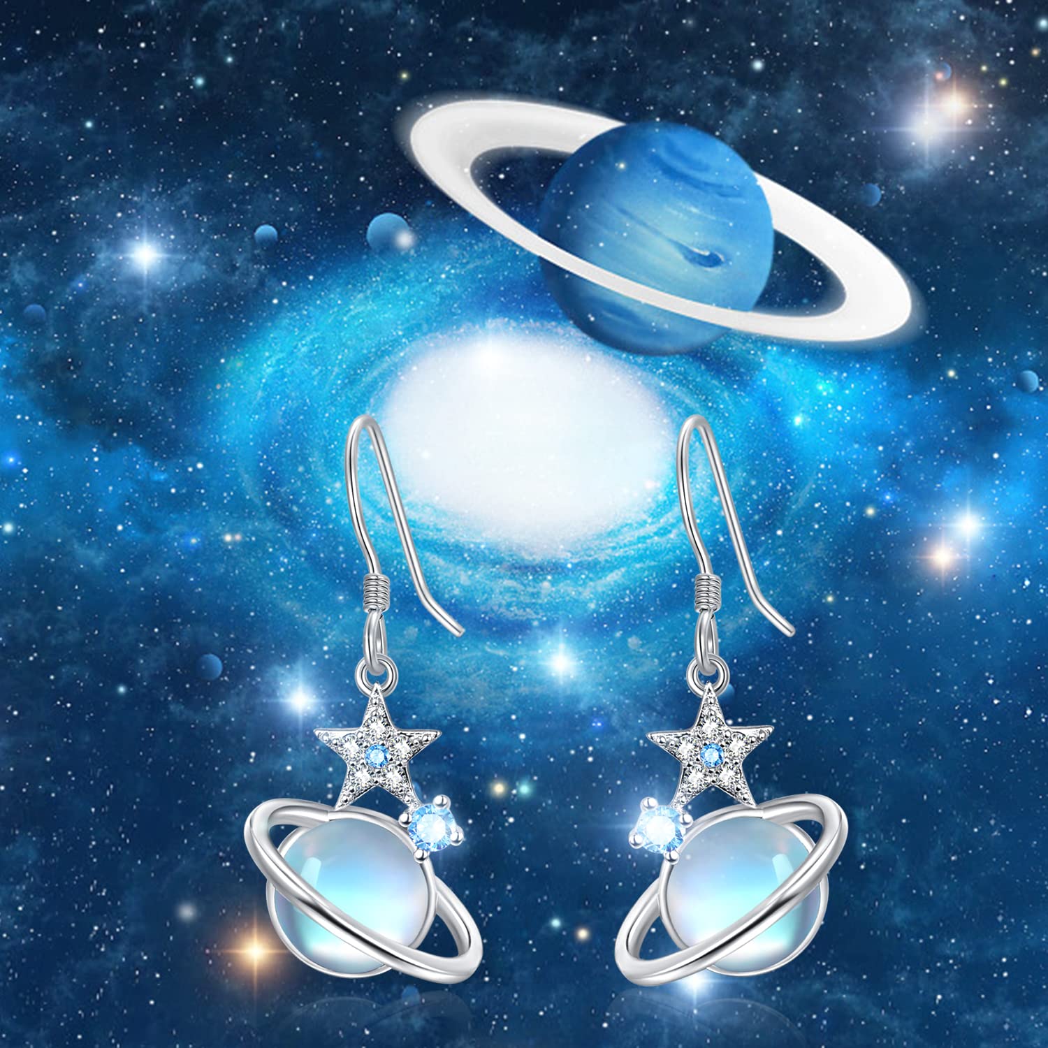 Dreamboat Planet Earrings Saturn Earrings Space Earrings for Women Star Earrings Earth Moonstone Earrings 925 Sterling Silver Hypoallergenic Hook Dangle Earrings Celestial Jewelry