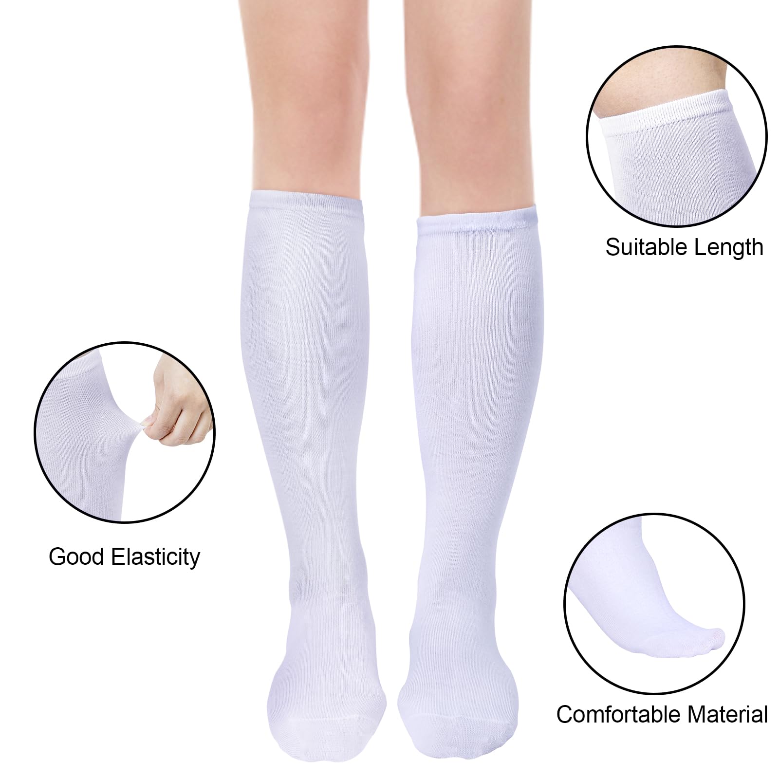 3 Pairs Womens Cotton Knee High Socks, Causal Soild Stripe Tube Knee Socks, White