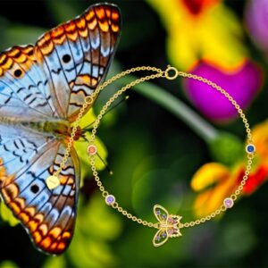 14K Gold Butterfly Bracelets for Women Adjustable Dainty Bracelet with Colorful Cubic Zirconia in 6.5"-8.5"