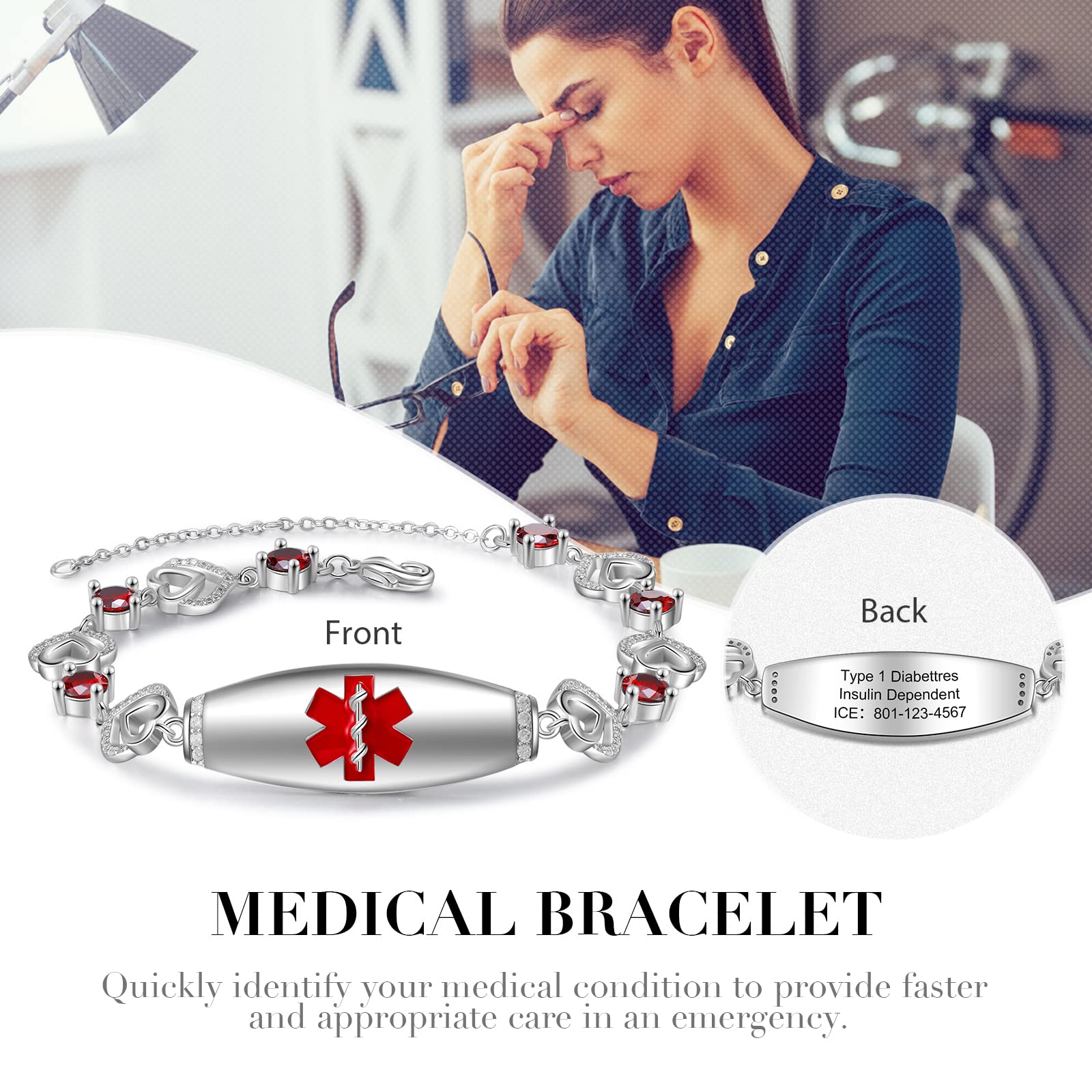 LanM Medical Alert Bracelets for Women Emergency Alert ID Bracelets for Girls Adjustable Medical Alert Bracelet for Mother Wife Grandmo Red