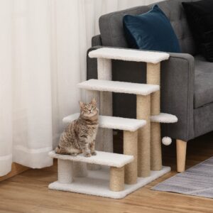 PawHut 4 Levels Cat Steps, Pet Stairs Carpeted Ladder, Kitten Tree Climber with Scratching Posts, Hanging Play Ball, Side Step, for High Bed, Sofa, White