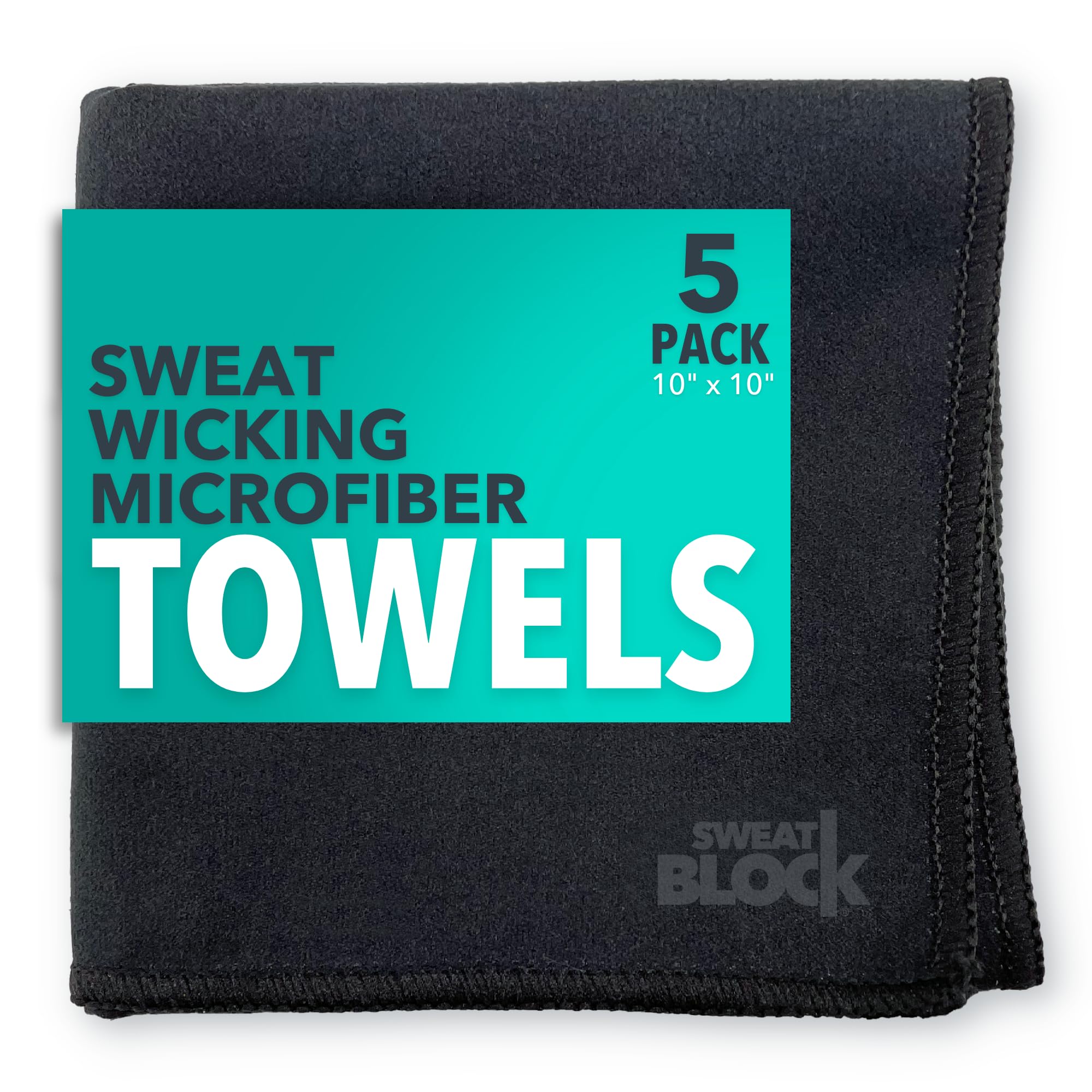 SweatBlock Microfiber Sweat Absorbing Handkerchief - Sport, Gym, Daily Use - for Hands, Face, Body - Machine Washable, Reusable - Men & Women - 10x10 (5 Pack, Black)