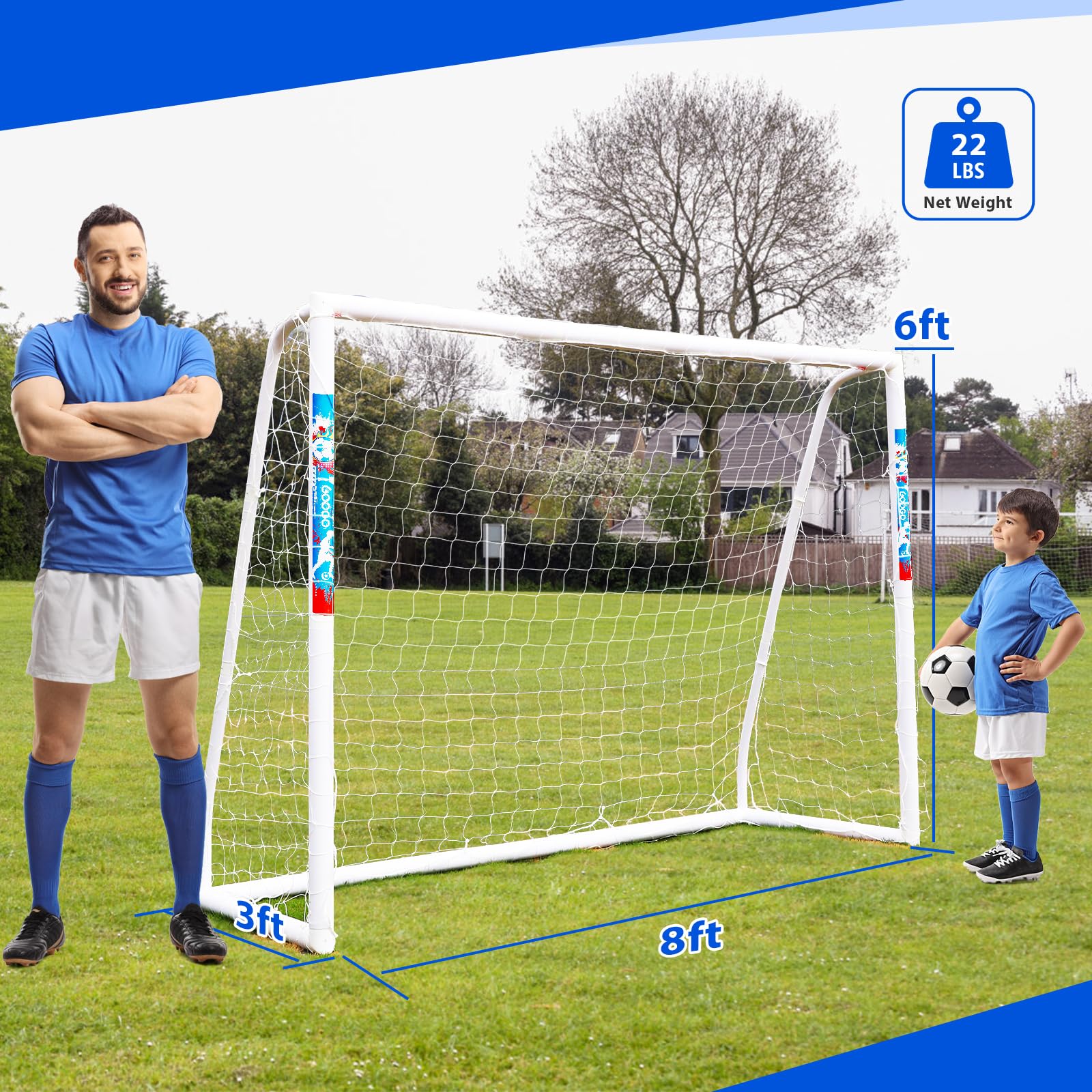 GOOGO Portable Soccer Goal with Strong PVC Frame, 8x6ft Soccer Net with Carry Bag, 2 High-Strength Nets, Quick Set-up, Weatherproof Soccer Training Equipment for Teens and Adults for Backyard