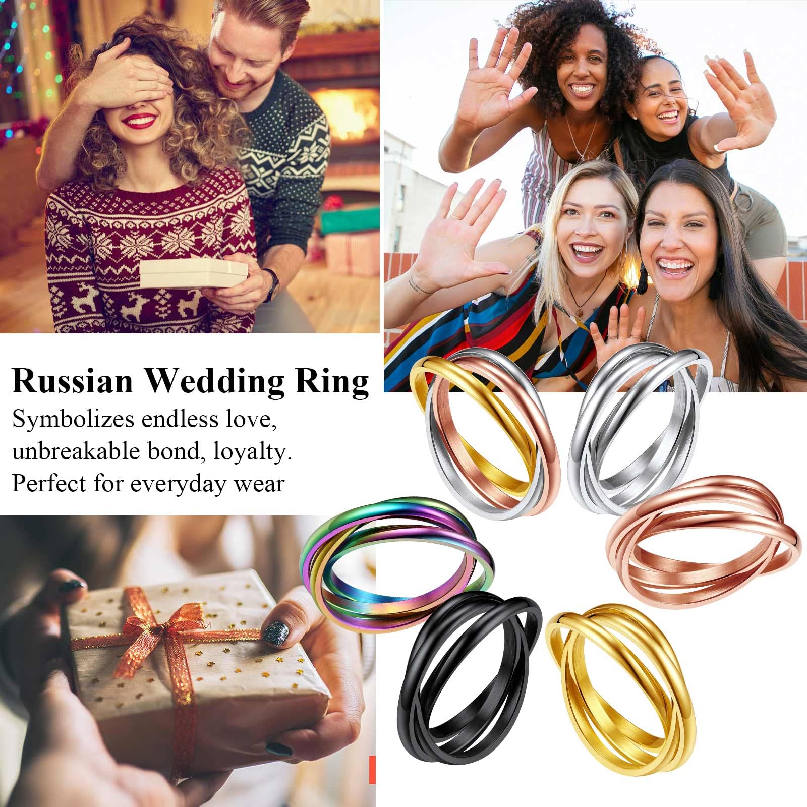 FindChic Black Triple Band Rings Interlocked Rolling Rings for Women Stainless Steel Trinity Russian Wedding Fidget Rings Size 7