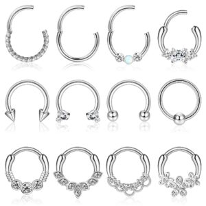 12PCS 16G Septum Clicker Ring 316L Stainless Steel Septum Ring CZ Opal Cartilage Helix Tragus Hoop Daith Earrings Hinged Segment Clicker Ring Zirconia Nose Rings Hoop 10MM Nose Piercing Jewelry Silver