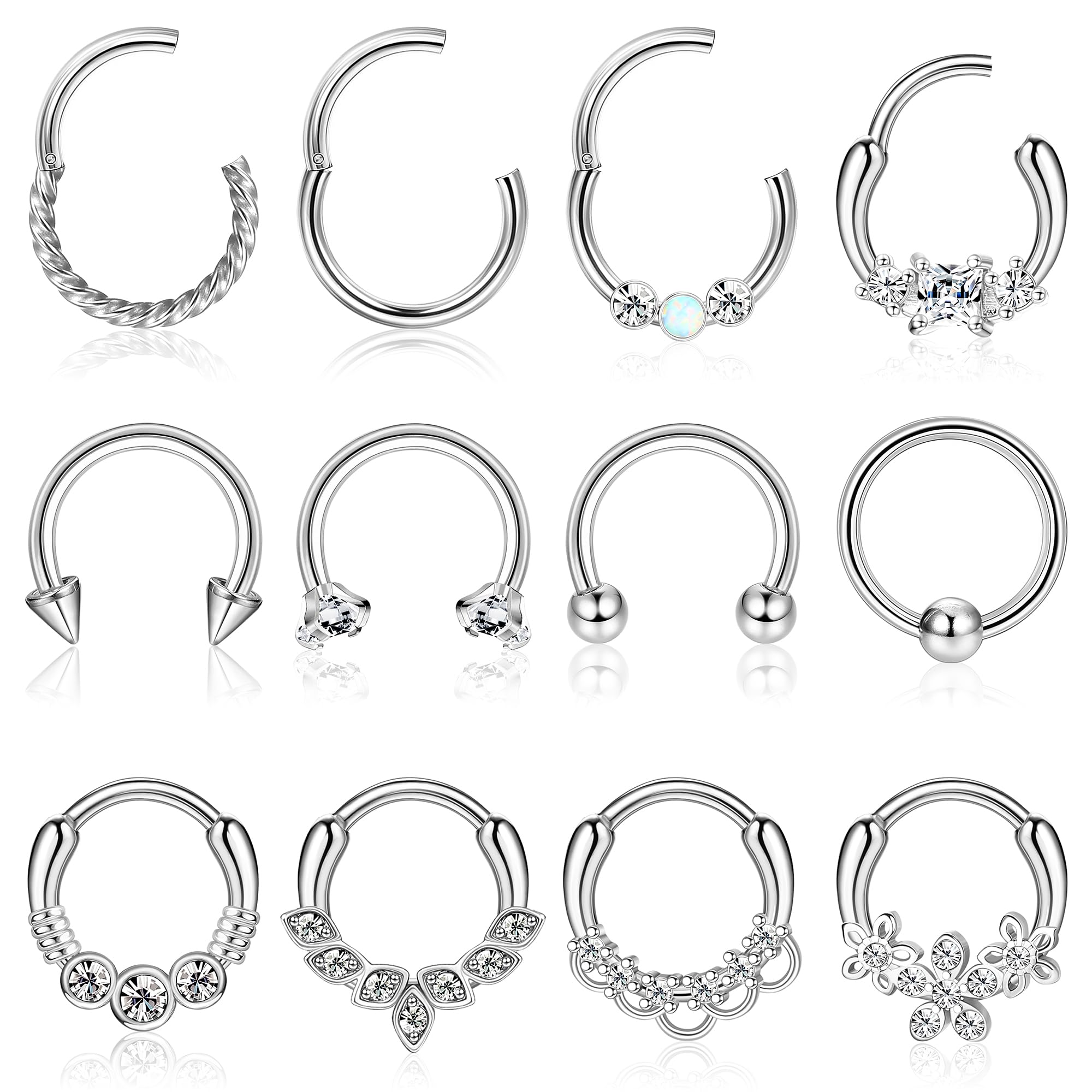 12PCS 16G Septum Clicker Ring 316L Stainless Steel Septum Ring CZ Opal Cartilage Helix Tragus Hoop Daith Earrings Hinged Segment Clicker Ring Zirconia Nose Rings Hoop 10MM Nose Piercing Jewelry Silver