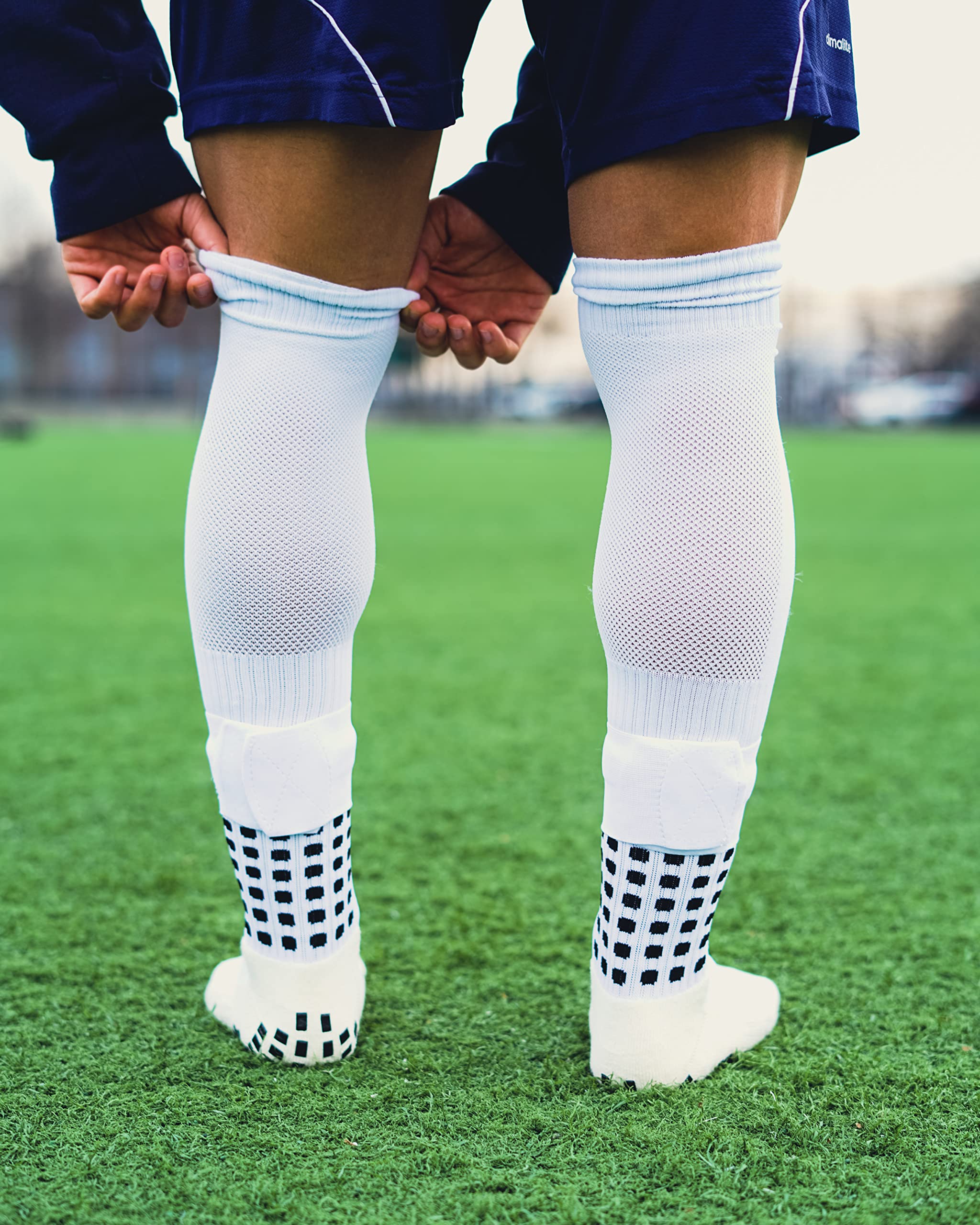 GRIP Soccer Socks with Shin Guard Sleeves & Straps | Durable and Comfortable Football Socks for Youth, Children, Girls & Adults | Non-Slip Fencing Socks for Training and Matches(White)