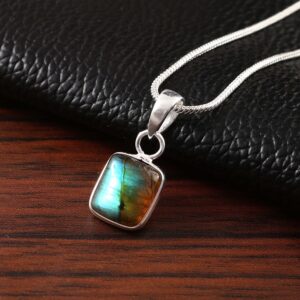 Natural Square Blue Fire labradorite Pendant 925 Sterling Silver Gemstone jewelry November Birthstone Pendant