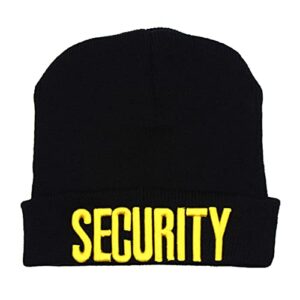 NC Men's Security Black with White Yellow Letters Long Knitted Cuffed Beanie Folded Embroidered Beanie Skull Watch Cap Hat (Gold Color)