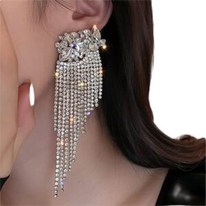 Octwine Long Tassel Full Bling Bling Fashion Crystal Rhinestone Drop Earrings Oversized Wedding Prom Party Long Rhinestone Earrings for Women