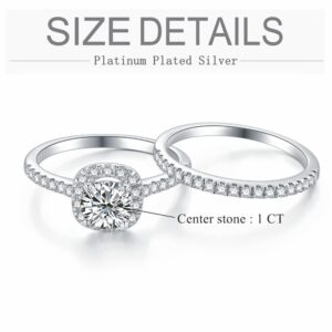 Halo Wedding Ring Set for Women Bridal Sets Wedding Rings Platinum Plated Silver, 1-1/2 Carat (ctw) Moissanite Engagement Ring Set White Gold Anniversary Promise Rings(size 8.5)