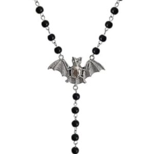 Ankh Cross Bat Necklace Religious Grunge Gothic Vampire Black Long Rosary Beaded Ancient Egyptian Necklace for Women