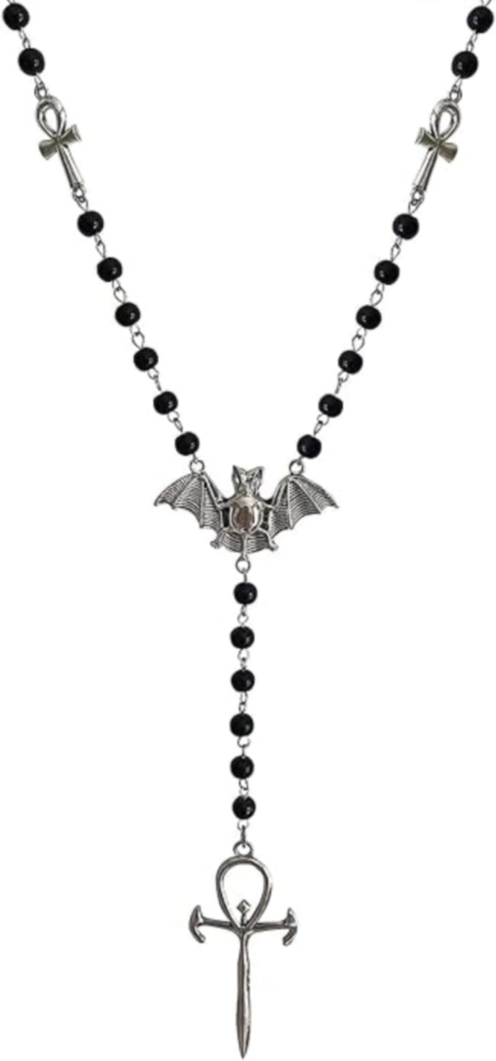 Ankh Cross Bat Necklace Religious Grunge Gothic Vampire Black Long Rosary Beaded Ancient Egyptian Necklace for Women