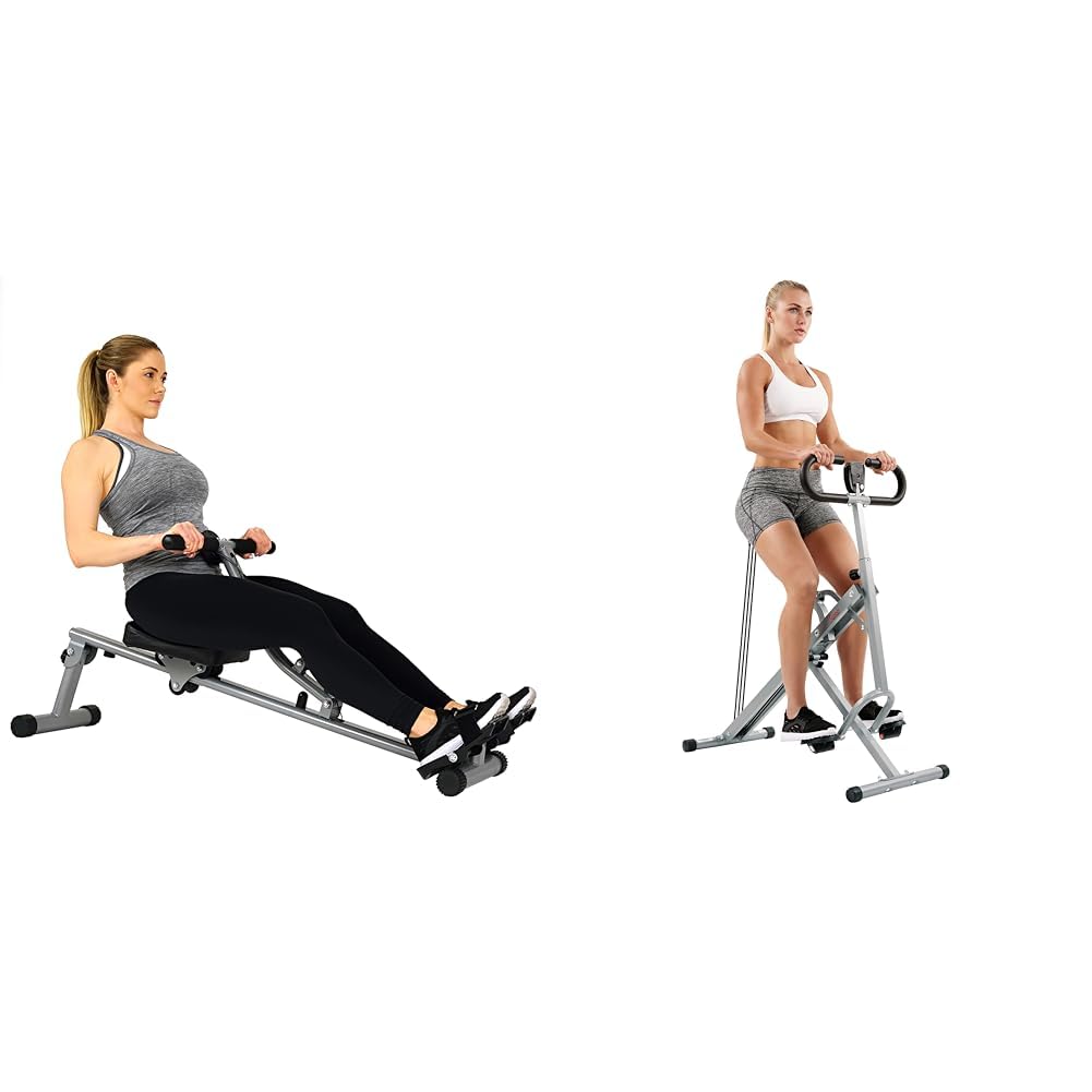 Bundle of Sunny Health & Fitness Squat Assist Row-N-Ride™ Trainer for Glutes Workout + Sunny Health & Fitness SF-RW1205 Rowing Machine Rower with 12 Level Adjustable Resistance