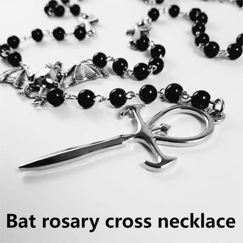 Ankh Cross Bat Necklace Religious Grunge Gothic Vampire Black Long Rosary Beaded Ancient Egyptian Necklace for Women