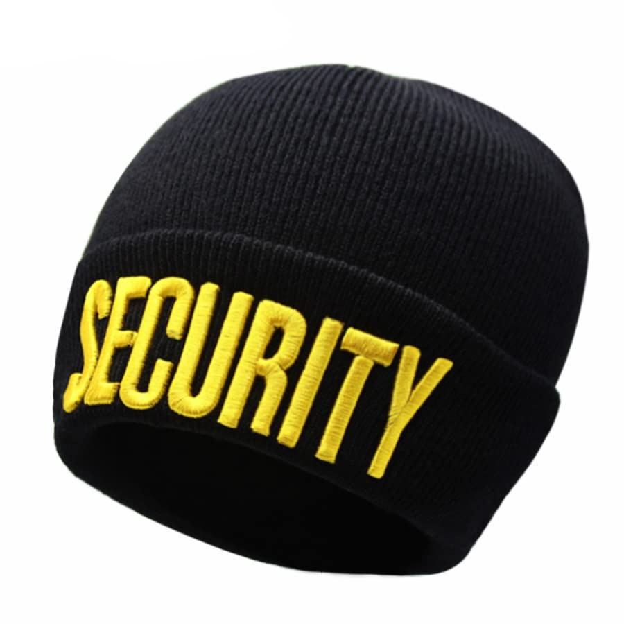 NC Men's Security Black with White Yellow Letters Long Knitted Cuffed Beanie Folded Embroidered Beanie Skull Watch Cap Hat (Gold Color)