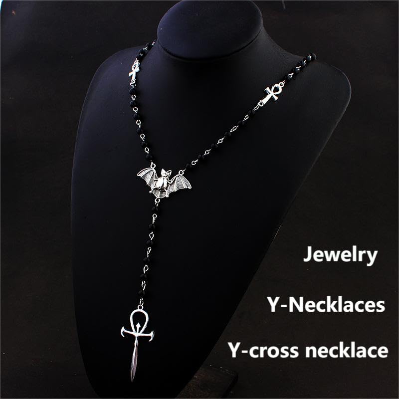 Ankh Cross Bat Necklace Religious Grunge Gothic Vampire Black Long Rosary Beaded Ancient Egyptian Necklace for Women