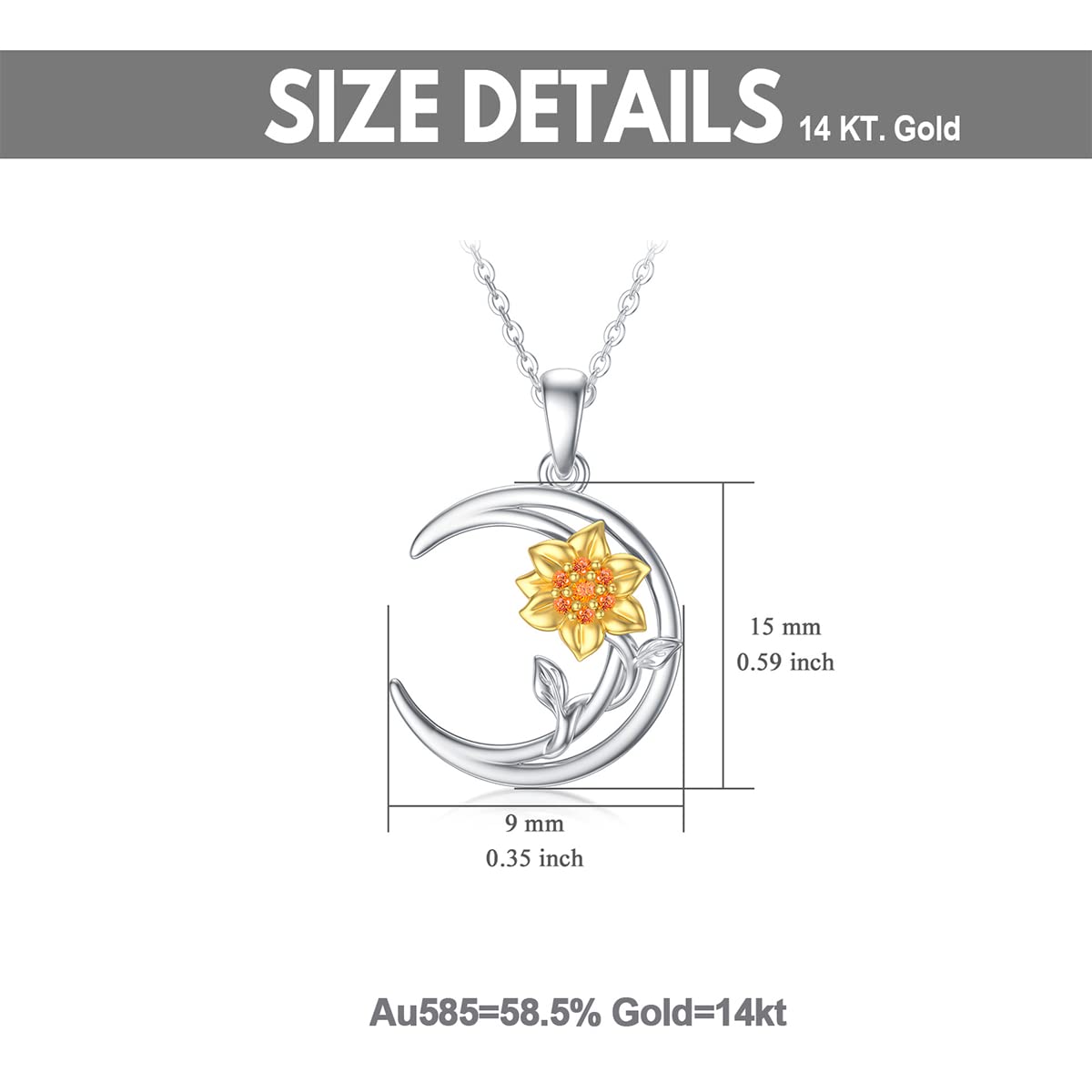 Rikelus 14K Gold Sunflower Necklaces for Women, White Gold Sunflower Moon Pendant Necklace Sunflower Jewellery Aniversary Gifts for Mom Ladies Girls 16"+2" (Sunflower)