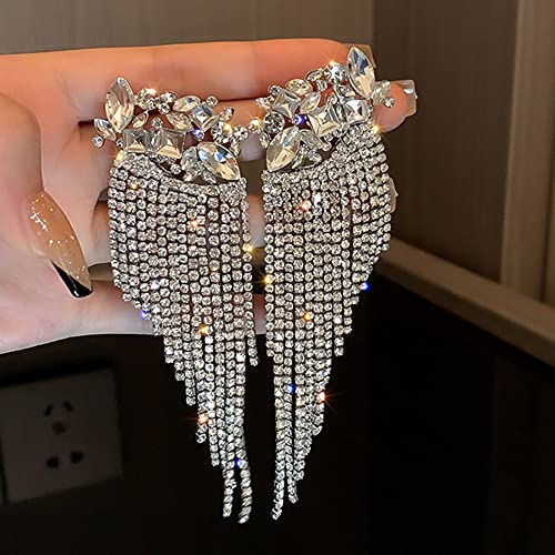 Octwine Long Tassel Full Bling Bling Fashion Crystal Rhinestone Drop Earrings Oversized Wedding Prom Party Long Rhinestone Earrings for Women